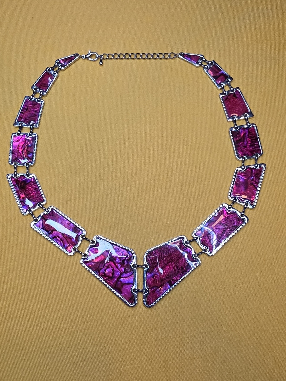 Heavy Vintage Pink Abalone Shell Veneer Geometric Statement Bib Collar Necklace